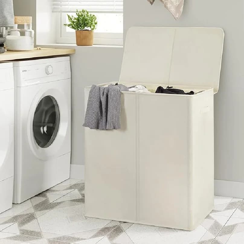 Double basket with lid and removable bag, large basket with 2 compartments with handles, folding basket for dirty linen