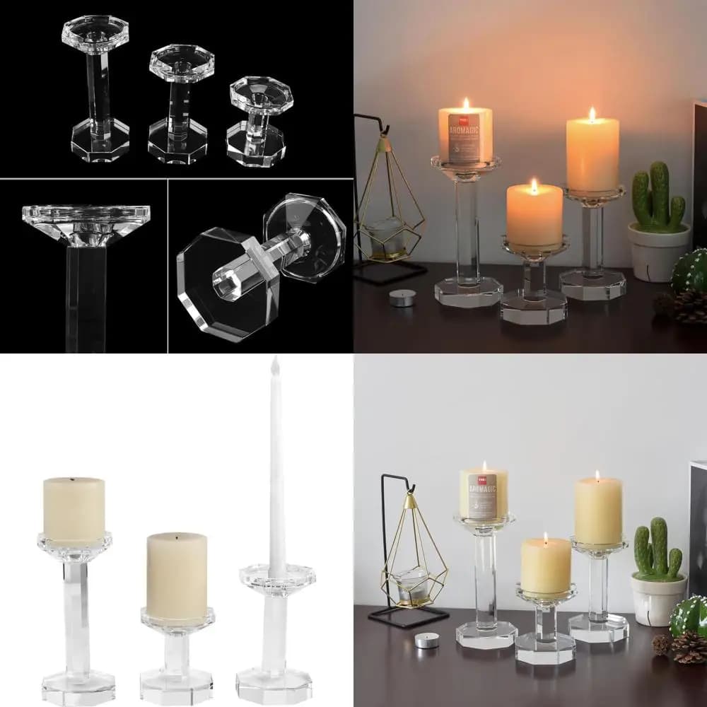 Set di 3 Portacandele in Cristallo Trasparente, Ideali per Candele a Cono/Pilastro, Centrotavola, Decorazioni per Feste e Matrimoni, Altezza 4
