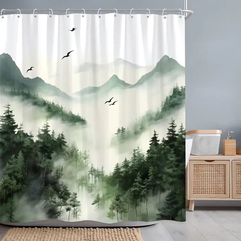 Tenda da doccia Foresta nebbiosa Woods Uccelli Acquerello Arte Creativa Tessuto in poliestere Tende da doccia Decorazione del bagno con ganci