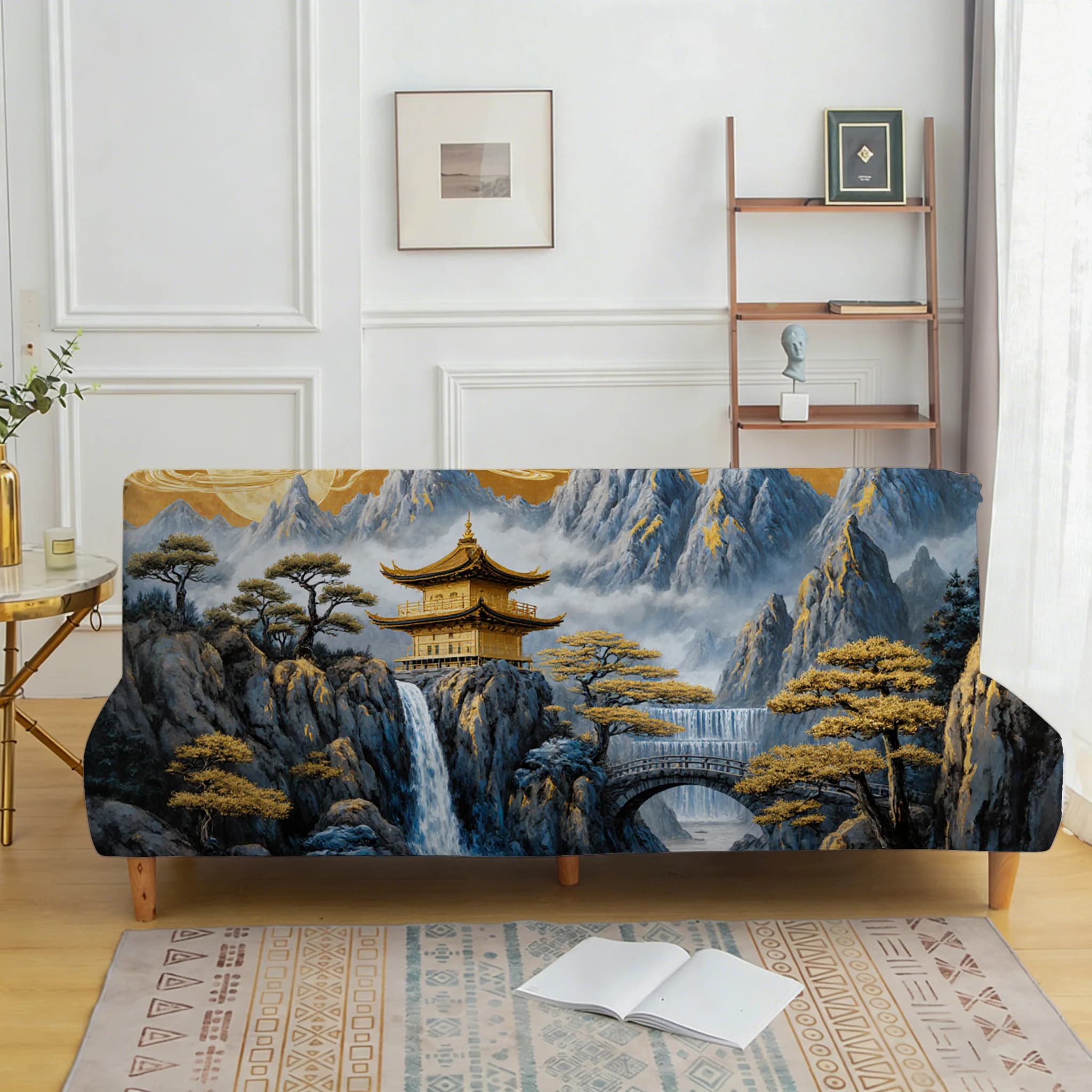 New Chinese landscape printed sofa bed cover, living room sofa bed cover, dustproof washable sofa bed cover