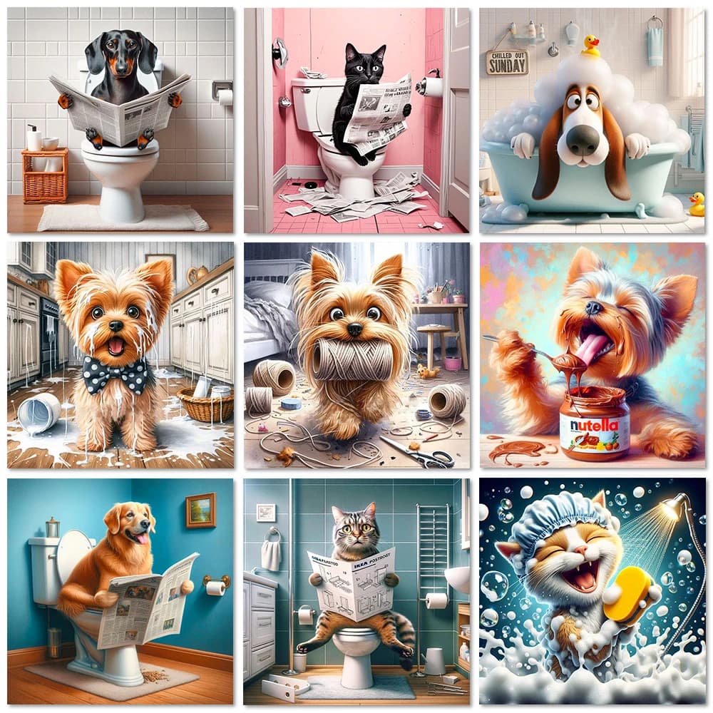 5D Cartoon Diamond Painting Gatti e cani seduti sulla toilette Trapano completo Mosaico Kit di ricamo Divertente Bagno Decorazione della parete Art