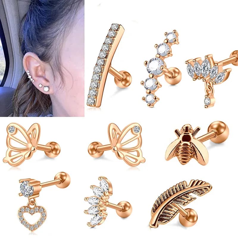 1PC Fiore di cristallo Trago Orecchino penetrante Vite Palla Cuore Foglia Cartilagine Penetrante Stud Helix Gioielli Conch Rook Lobo Orecchino