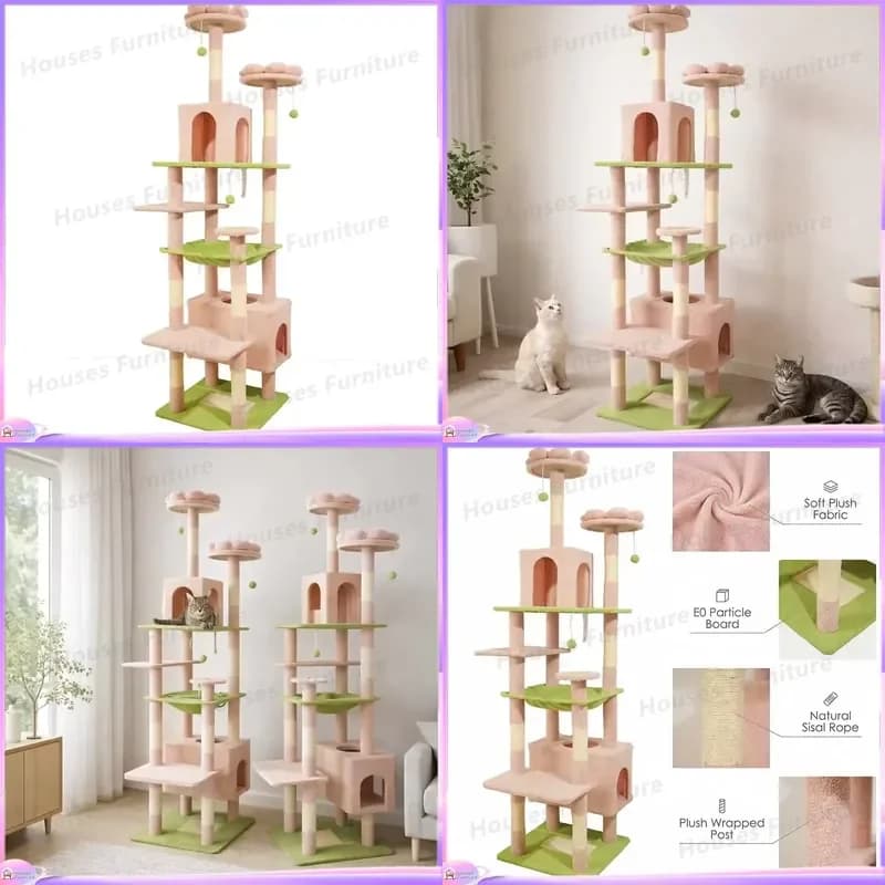 Solid Wood Cat Tree with Integrated Bed Scratching Board Jumping Platform and Toy Hanging Balls Space Saving Cat Climbing