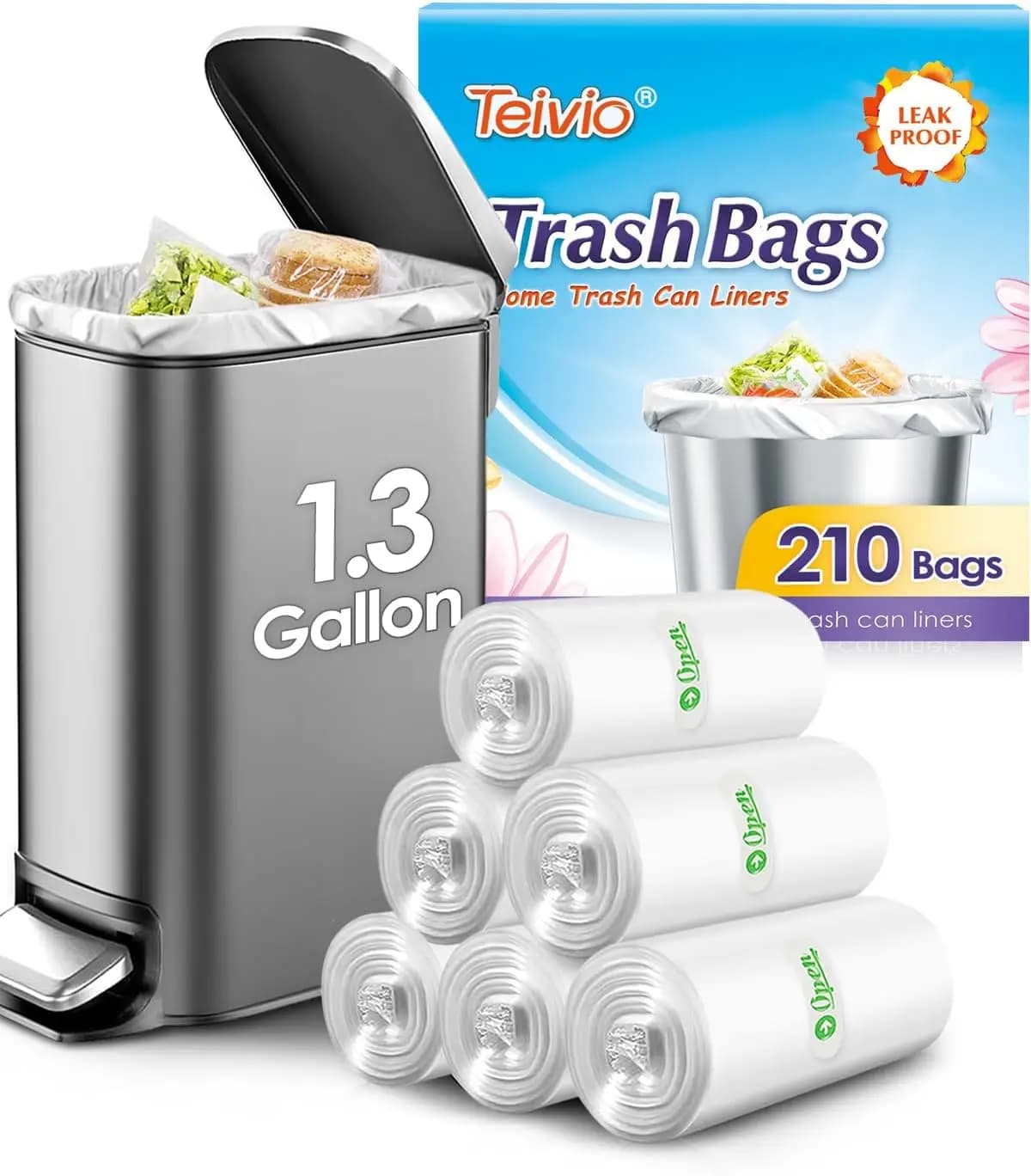 Sacchi per la Spazzatura Resistenti da 1,3 Galloni, 210 Pezzi, Adatti per Cestini per Rifiuti Piccoli da 1-1,3 Galloni per Bagno, Cucina, Ufficio, Auto