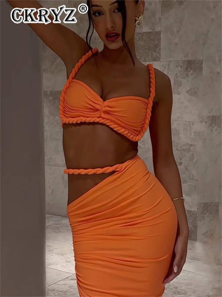 Set gonna da donna in 2 pezzi per festa estiva da donna senza maniche top corto senza schienale gonne lunghe set coordinati club streetwear abiti da donna