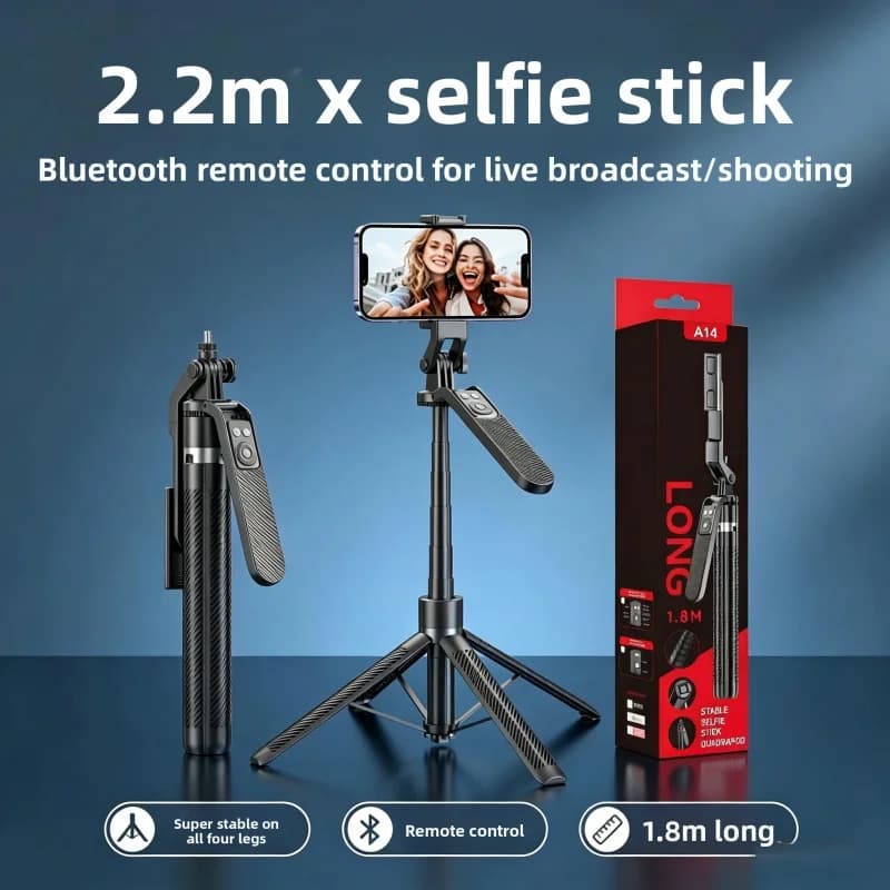 A14 Asta Selfie Bluetooth 1.8M in Lega di Alluminio con Treppiede e Funzione Pop-Up a un Tasto per Streaming Live e Fotografia