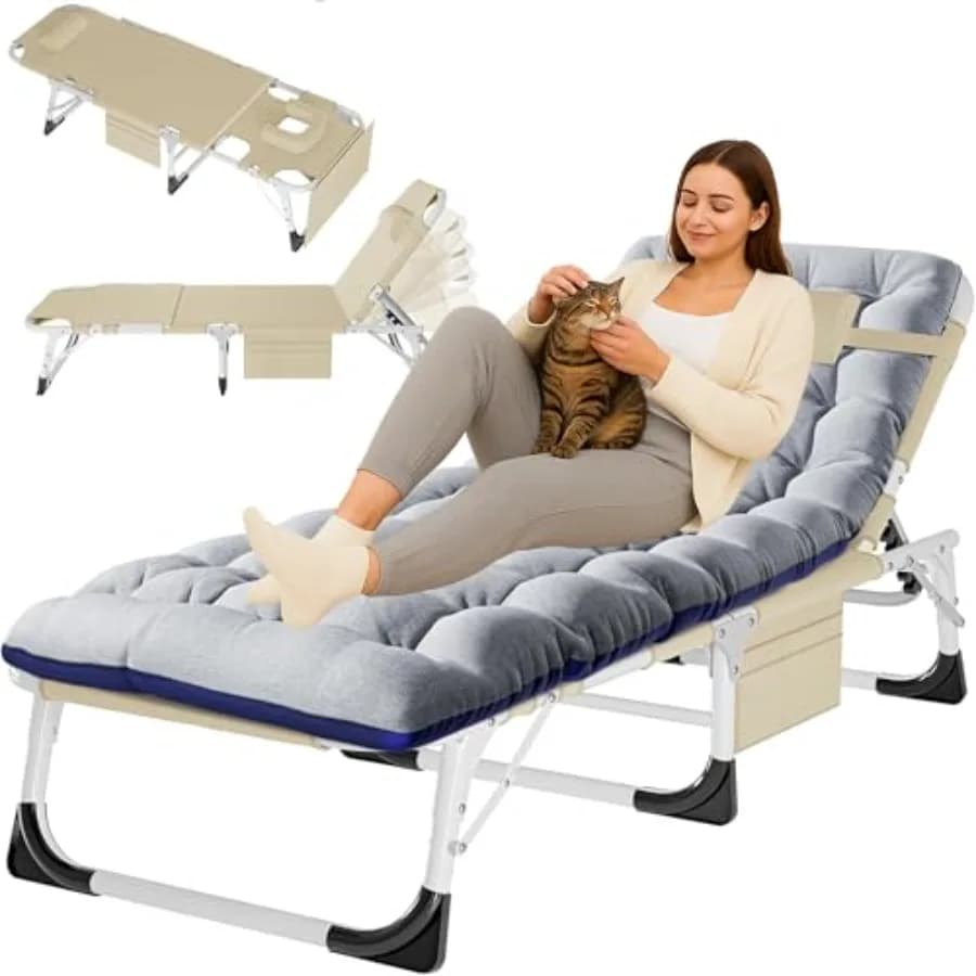 Sdraio 4-in-1 con fori per viso e braccia per prendere il sole, reclinabile pieghevole resistente da 200 kg con cuscino in cotone felpato beige