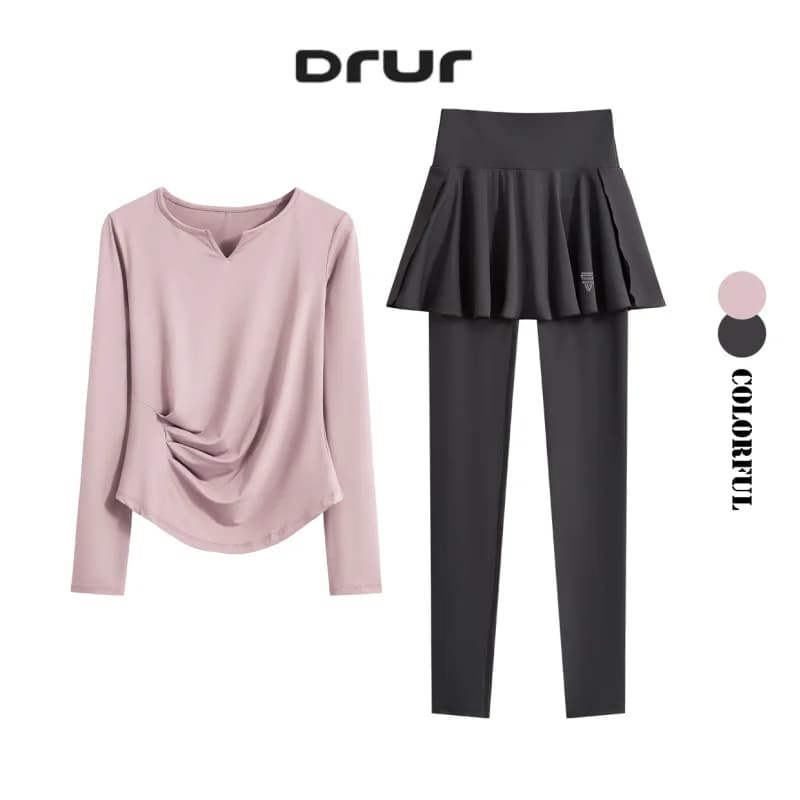 DRUR Autumn Yoga Set 2 Piece Sportswear Outfit Women Long Sleeve Workout Top High Waist Leggings Suit Tennis Sets 2pcs Tracksuit