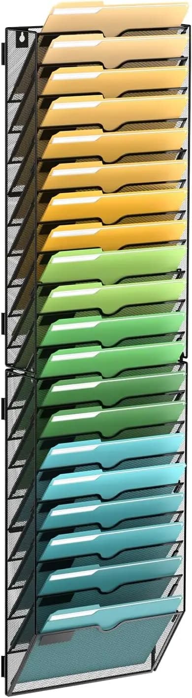 Organizzatore da Parete a 20 Livelli, Porta Documenti Sospeso con Slot per Etichette, Portaoggetti in Rete Metallica per Ufficio, Casa, Scuola, Aula