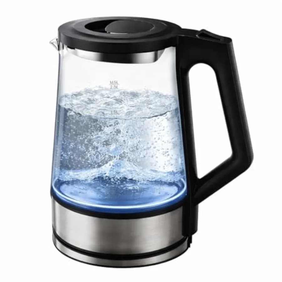 Glass Electric Kettle with Automatic Shutdown, Without BPA, Stainless Steel Internal Cover Base, Blue LED Indicator, Easy to Clean, Foldable Power Cable, 2L