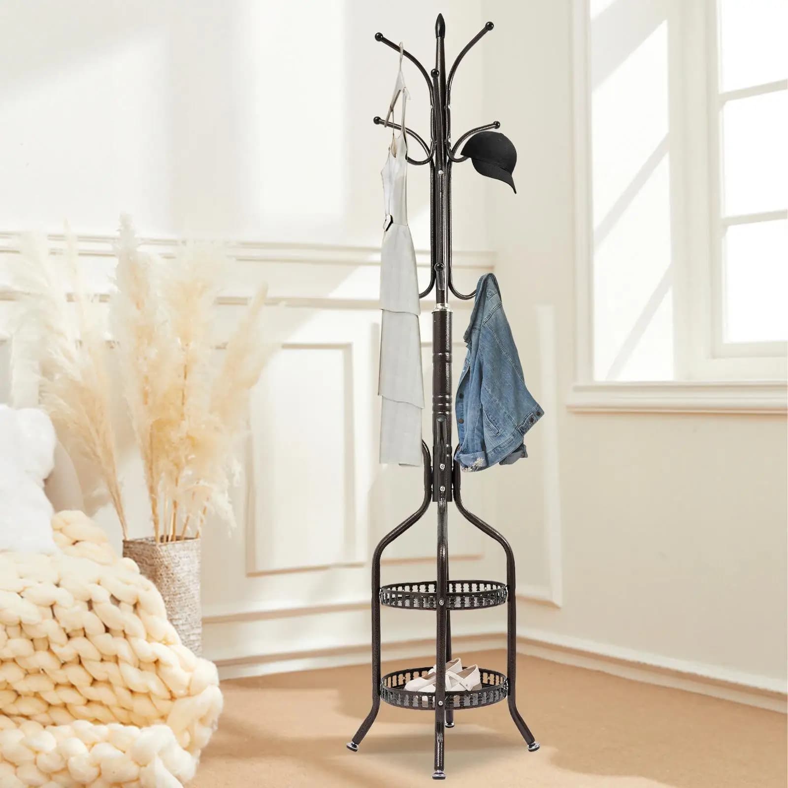 Vintage Bronze Freestanding Coat Rack Heavy Duty Clothes Hanger Stand 15kg Capacity Space-Saving Tree Organizer for Coats Hats Bags Scarves Hallway Bedroom Entryway Home Office Furniture 185cm Tall