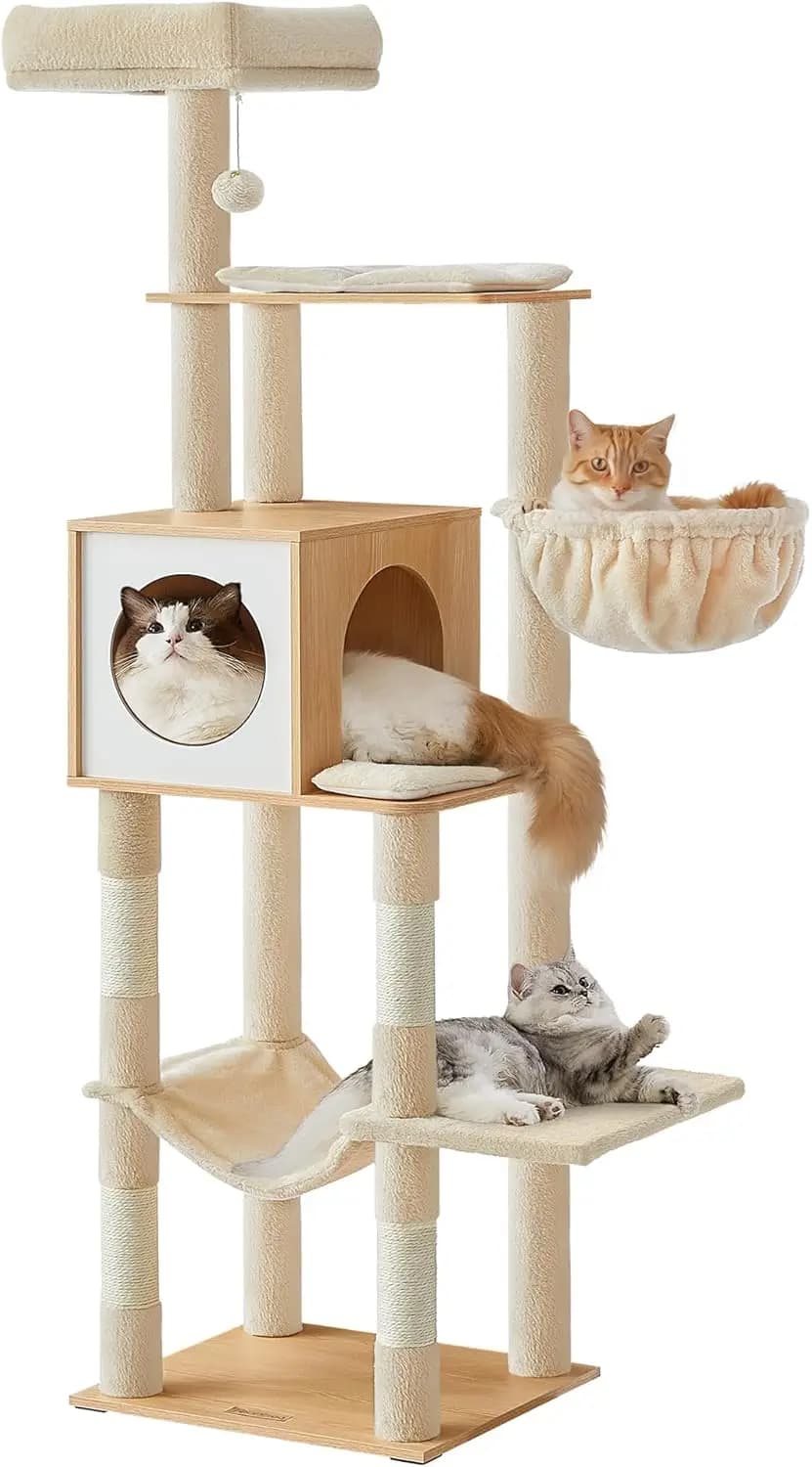 Albero per Gatti Alto 65 Pollici con Cuccia Multi-Livello, Grotta, Cesto, Amaca, Pompon e Tiragraffi in Giallo Mandorla