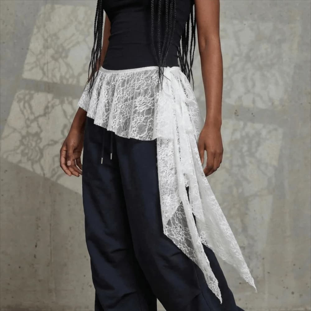Split Embroidered Flower Butt Curtain Skirt Irregular Hem Ruffles Trim Lace Trim Butt Curtain High Waist Ruched Mini Apron Women