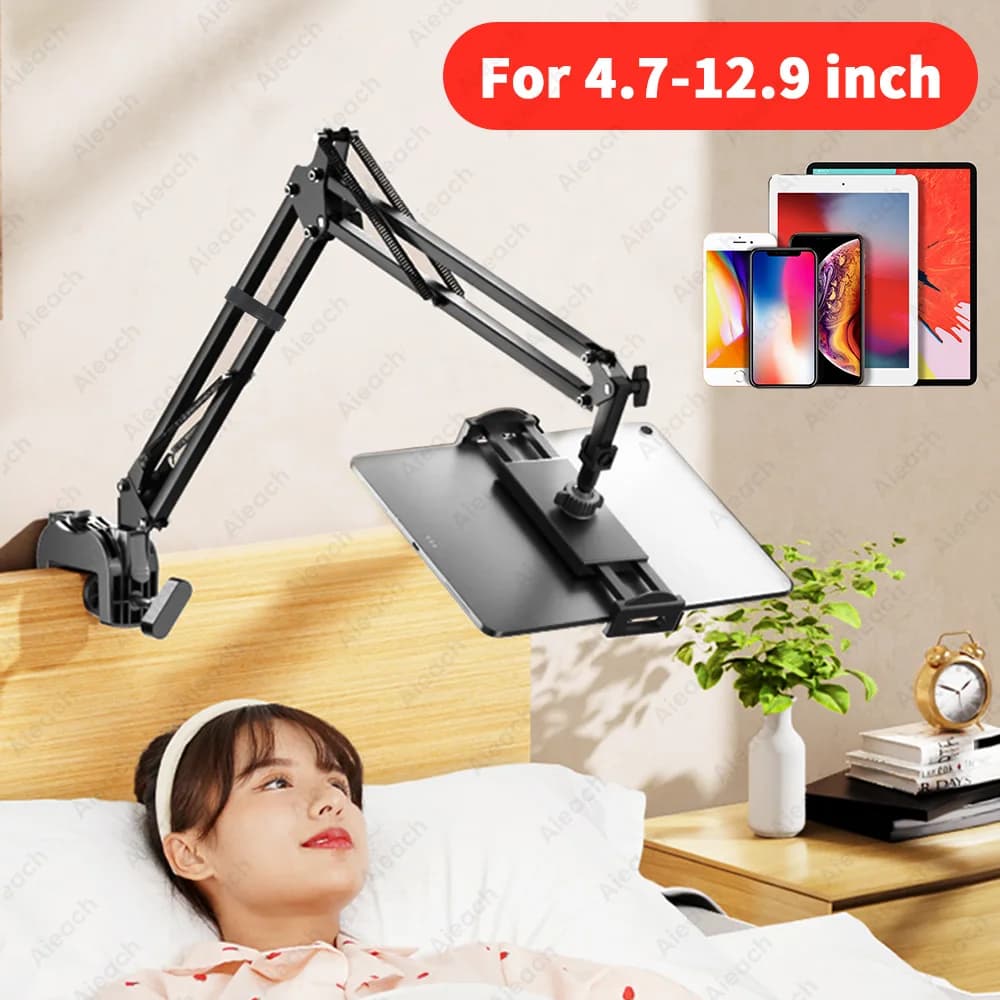 Supporto per tablet da letto regolabile per telefoni cellulari da 4-12,9 pollici Tablet Supporto per tablet da scrivania con braccio in alluminio per iPad Mini