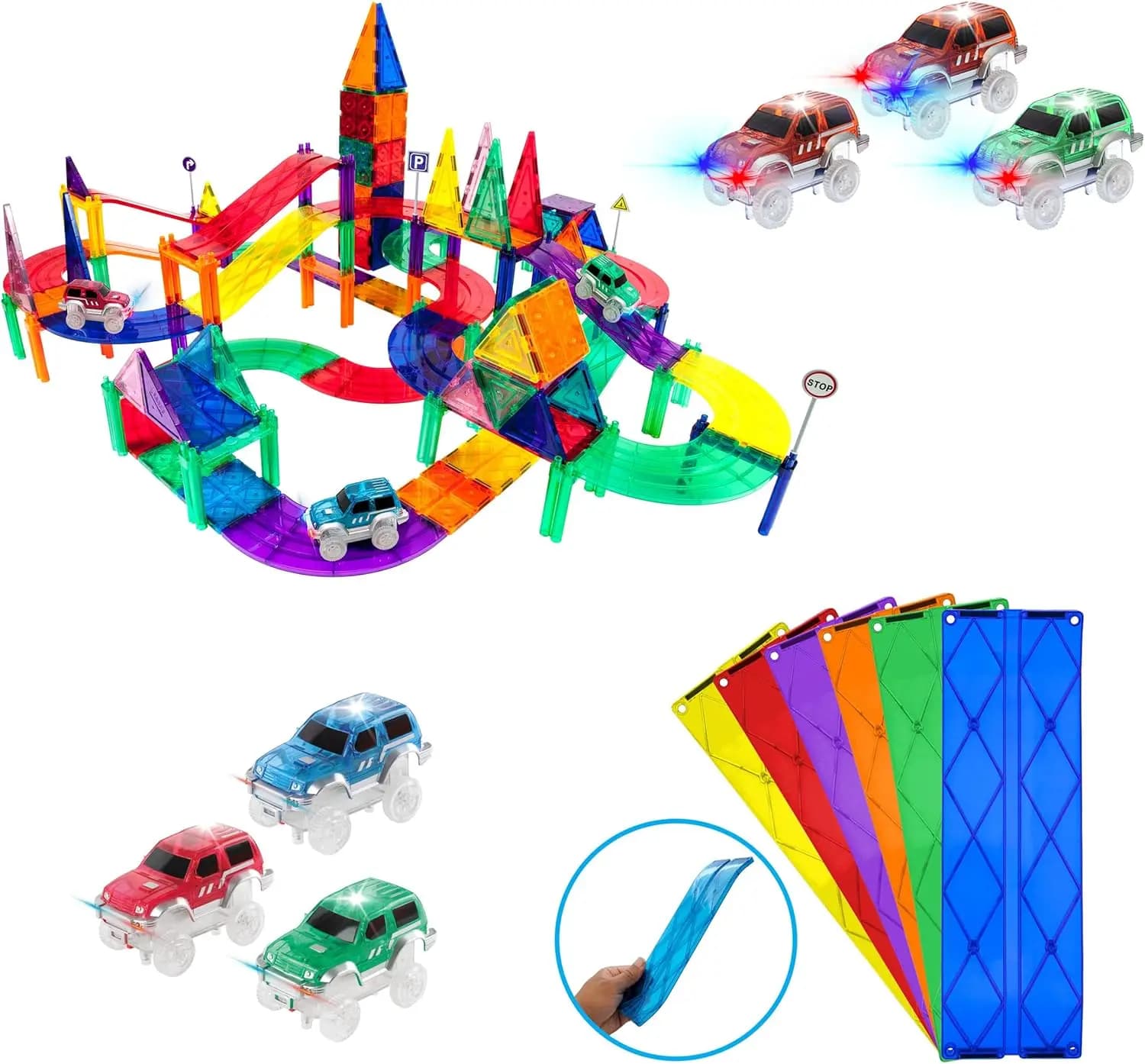 Pista magnetica per auto da corsa da 128 pezzi + 3 auto da camion con illuminazione a LED + rampa di espansione da 6 pezzi Mega Bundle: apprendimento a vapore, miglioramento della costruzione