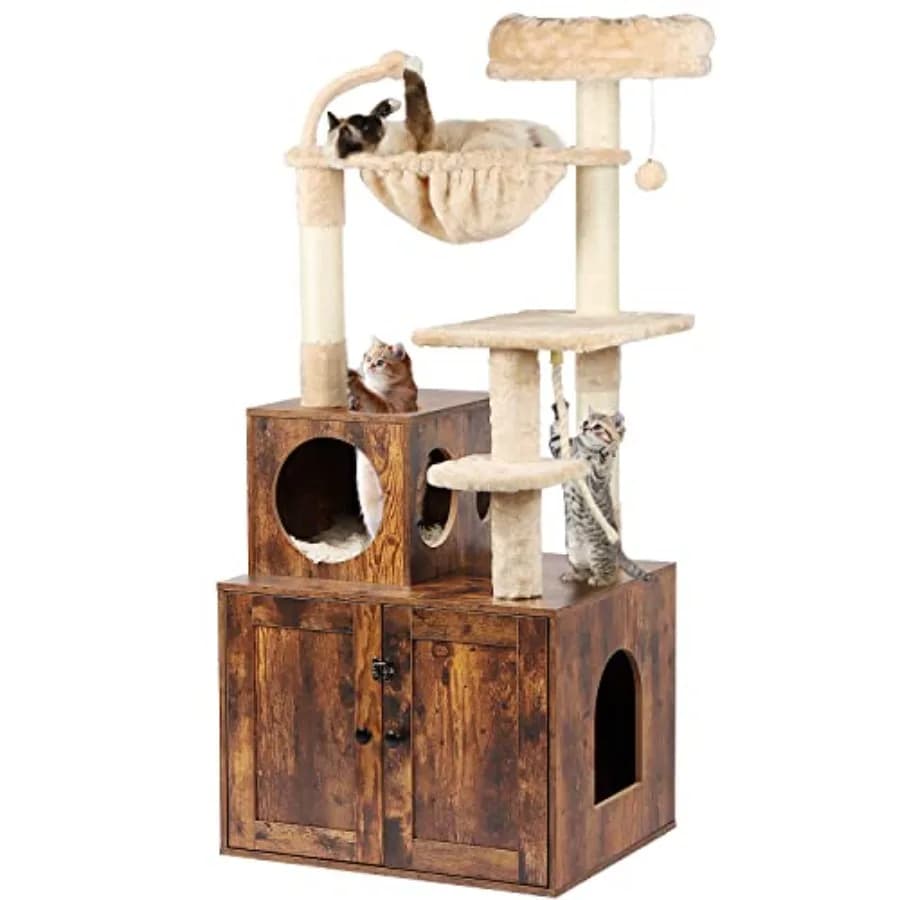 Albero per gatti 2-in-1 con lettiera integrata per gatti da interno, ampio condo in legno con cestino, posti per grattare, pompon, stile rustico