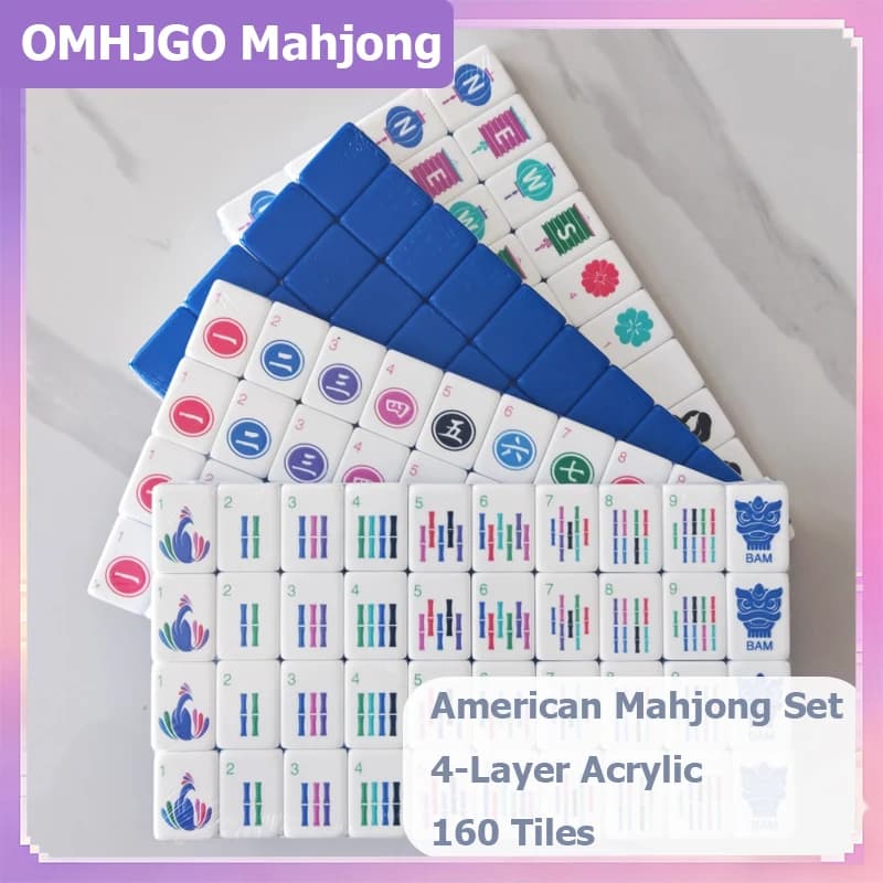 OMHJGO Luxury Engraved American Mahjong Set 4-Layer Acrylic Sapphire Blue Mahjong Tiles 160Pcs Board Games Travel Mah Jongg Sets