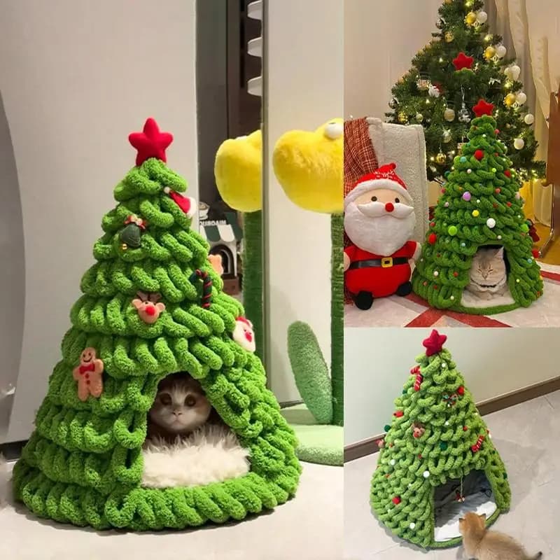 Albero di Natale invernale Nido per gatti Materiale fai da te fatto a mano Casa per cani semi chiusa calda invernale Casetta per animali domestici con cono in feltro