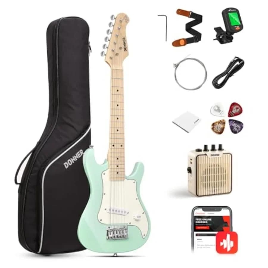 30 Inch Electric Guitar Beginner Kit for Home Practice, ST Style Mini Guitar in Green with Amp, 600D Bag, Tuner, Picks, Cable,