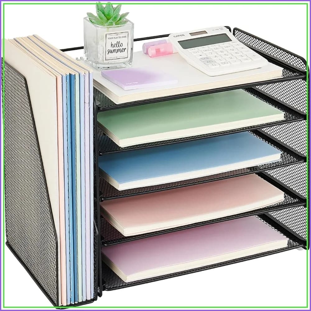 5-Tier Paper Organizer Letter Tray with Magazine Holder, Office Desk Accessories & Workspace Organizers, Desktop File Organizer for Office Supplies, Black