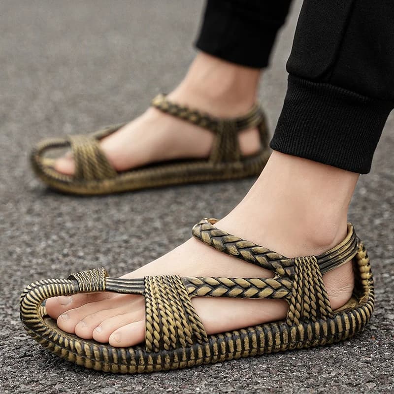Men's Summer Outdoor Breathable Woven Sandals Sporty Driving Work Large Size Grass Shoes Comfortable Casual Slip-On Slippers