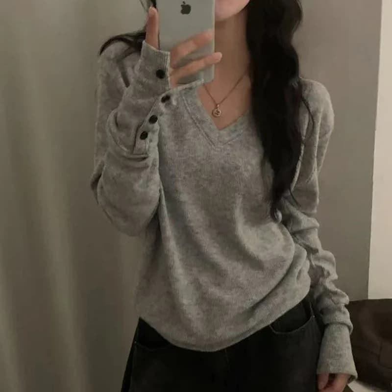 MEXZT Streetwear Maglione grigio Moda donna Pullover lavorato a maglia con scollo a V Maglieria coreana a maniche lunghe Bottoni invernali Design Maglioni