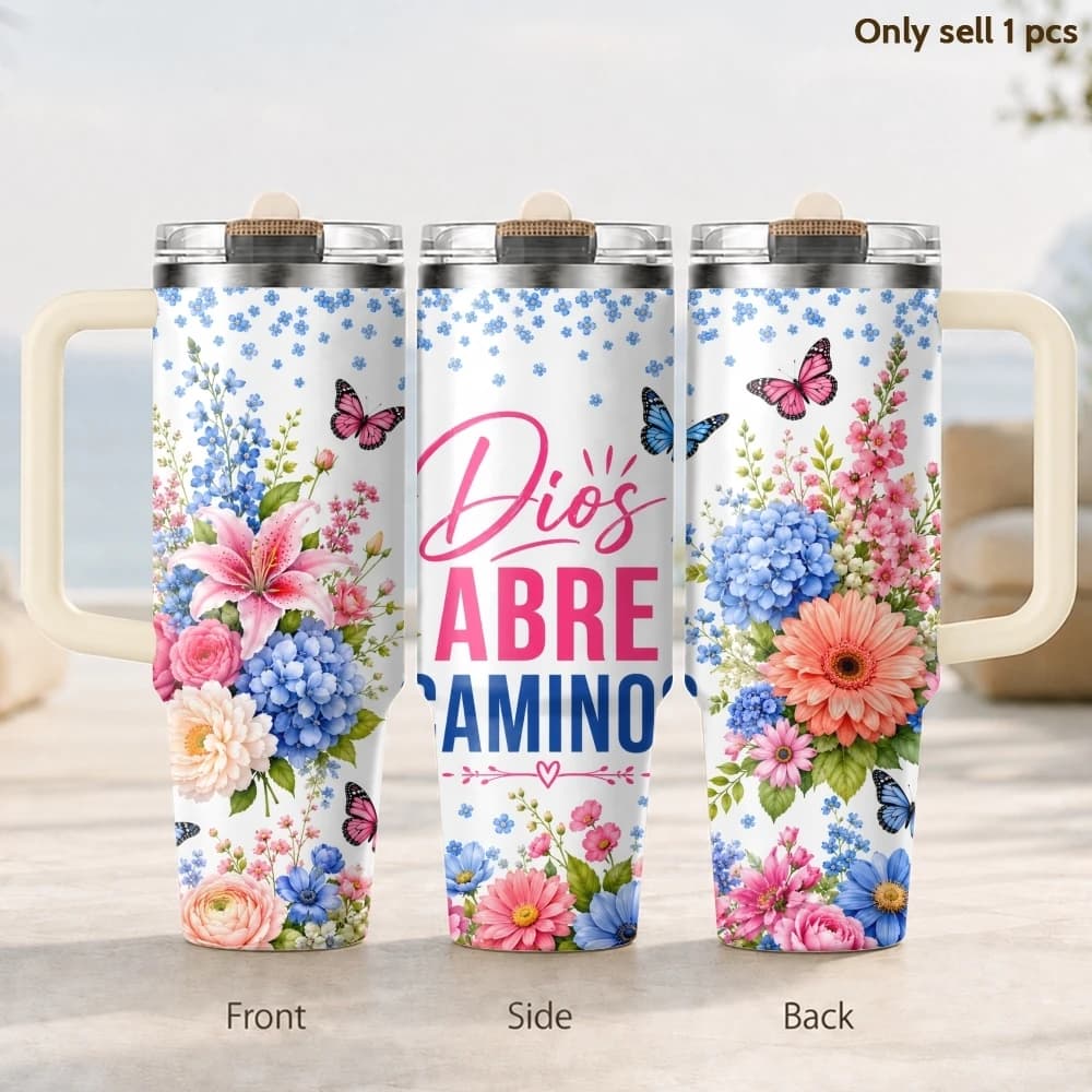 Glitter Butterfly Floral Vacuum Flasks 40oz 3rd Gen Vacuum Insulated Stainless Steel Car Tumbler Cup with Handle Straw Lid
