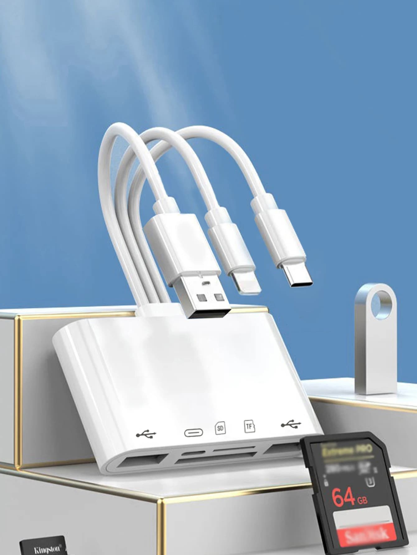 Lettore di schede 5 in 1 a tre fili, convertitore OTG multifunzione, trasmissione ad alta velocità, compatibile con Iphone/Android/ipad