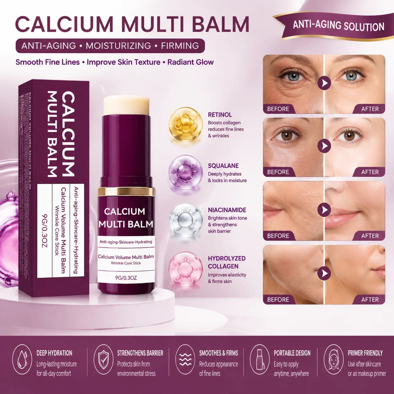 Multi Balm Stick 9g Retinol Squalane Niacinamide Calcium, Moisturizing Facial Skin Care Solid Balm for Hydrating Firming Care