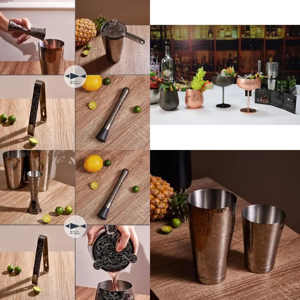 Set da Cocktail in Acciaio Inox 7 Pezzi con Utensili Neri Incisi: Shaker Boston, Cucchiaio da Miscelazione, Pestello per Mojito, Jigger Doppio, Hawthorn