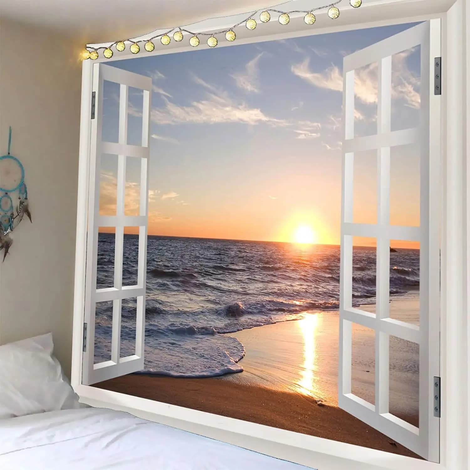 Homiest 3D Ocean Tapestry Wall Hanging Sun Sunset Sea Beach Landscape Tapestry Window Tapestries for Bedroom Living Room Home De