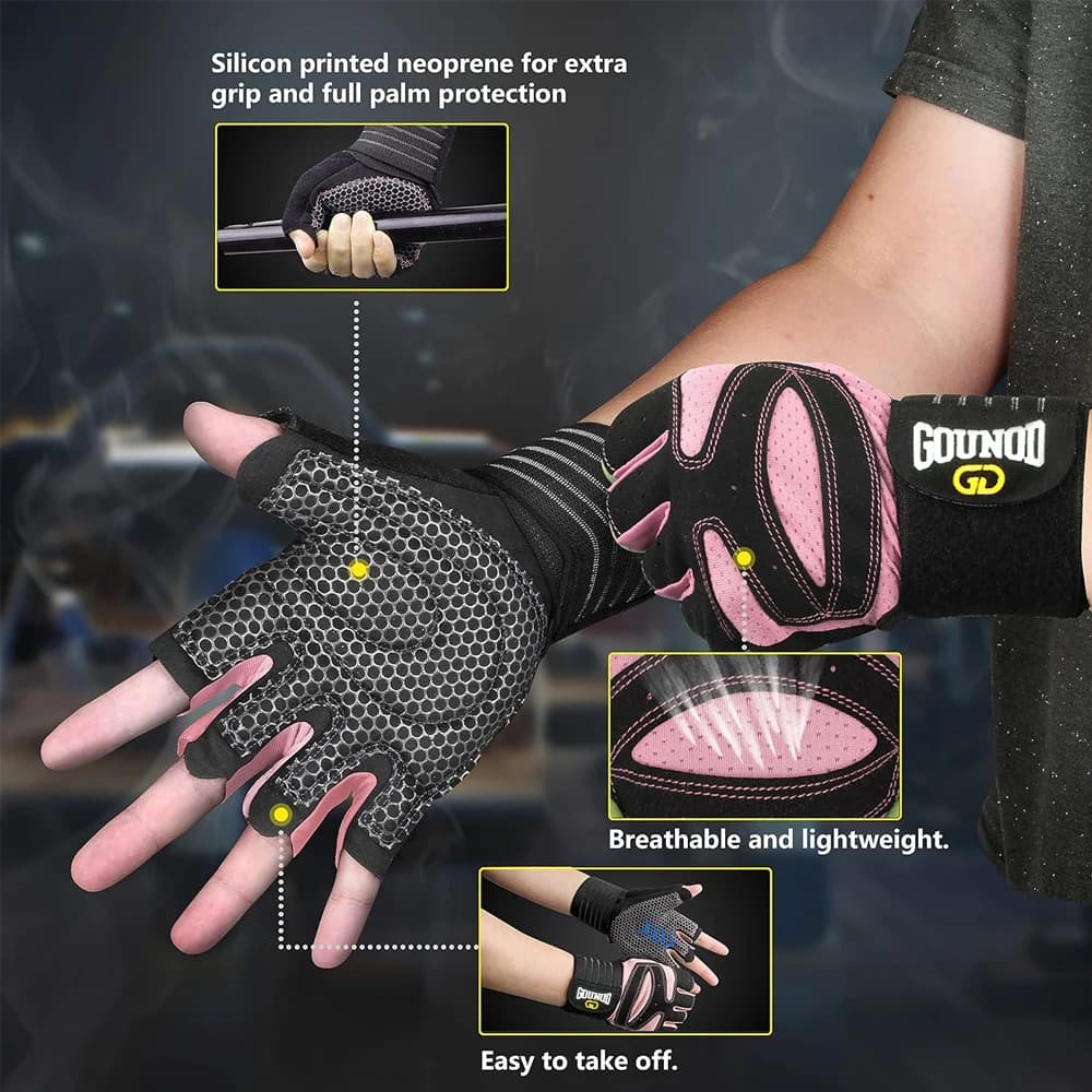 1 pair of women's training gloves, padded weight lifting gloves with wrist band support, complete palm protection, training handle