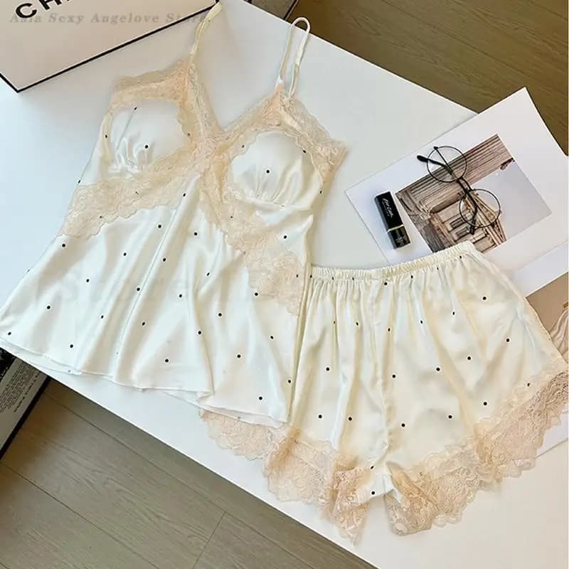 Pigiama con bretelle Set Pigiama femminile estivo Completo sexy in pizzo a pois Indumenti da notte in raso di seta Cami e pantaloncini Indumenti da notte Allentati Abbigliamento per la casa