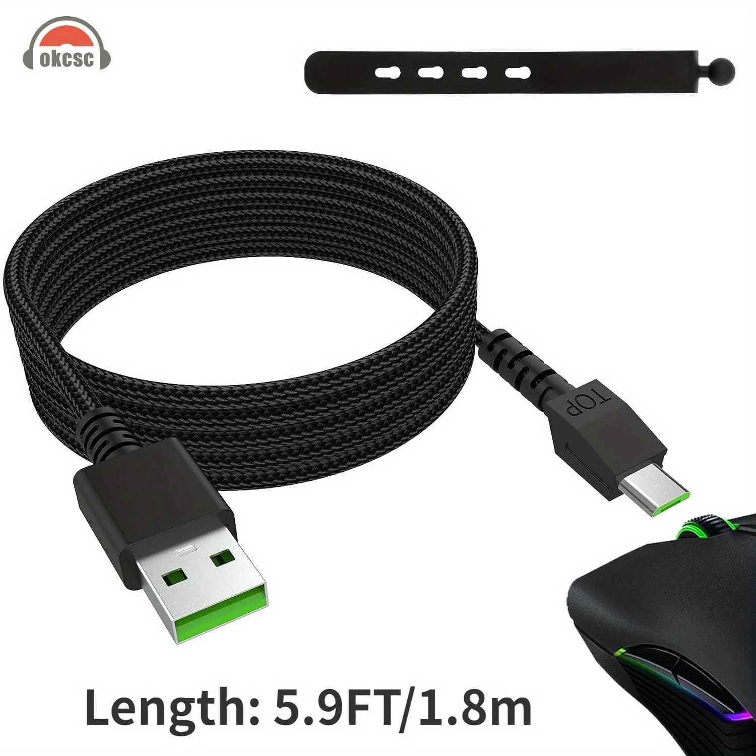 OKCSC Razer compatibile con cavo di ricarica per mouse intrecciato micro USB cavo piatto in nylon connettore maschio-femmina cavo di ricarica per mouse da gioco