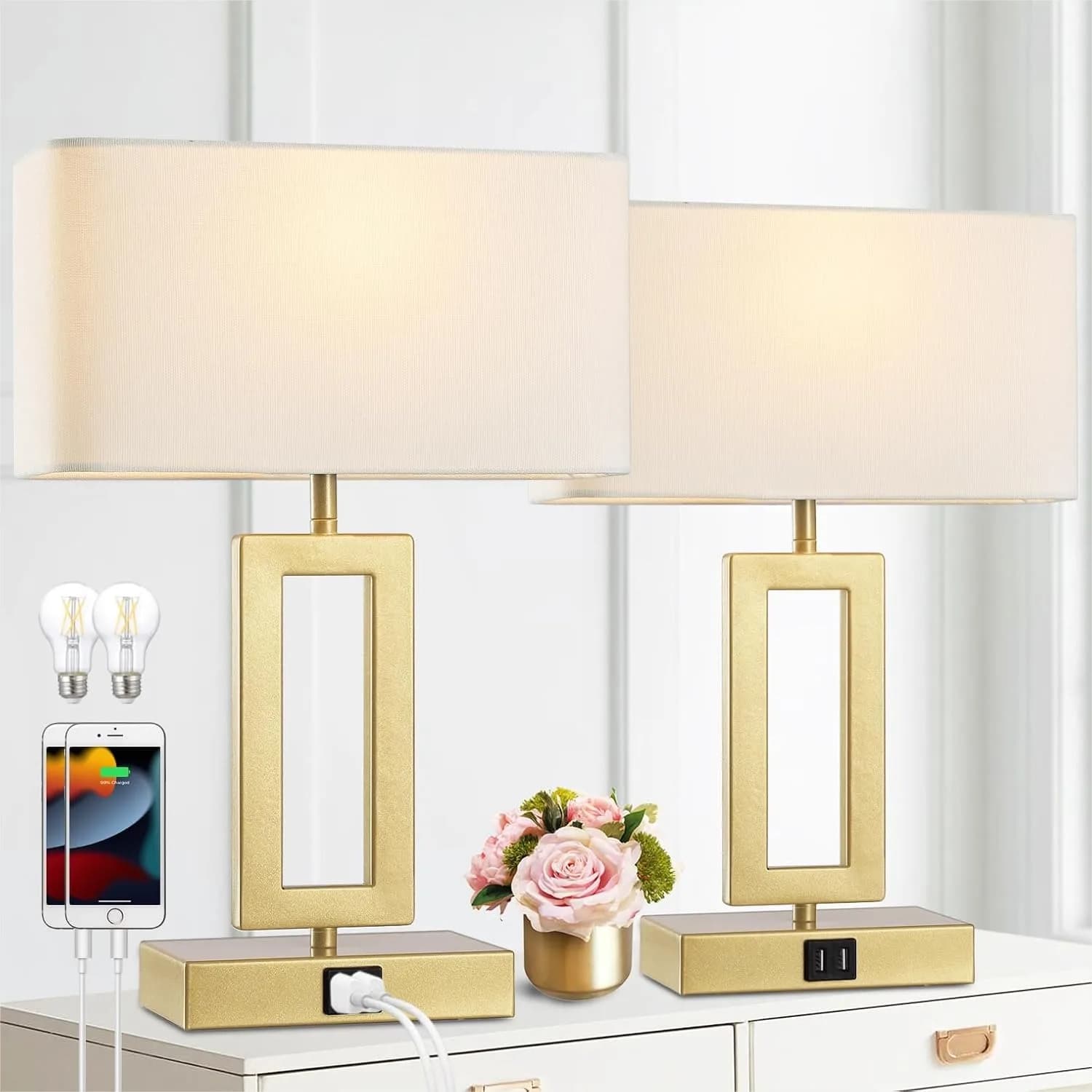 Set di 2 Lampade da Tavolo Dorate con Doppie Porte USB, Controllo Touch Dimmerabile a 3 Livelli, Lampade da Comodino, Lampadine LED Incluse