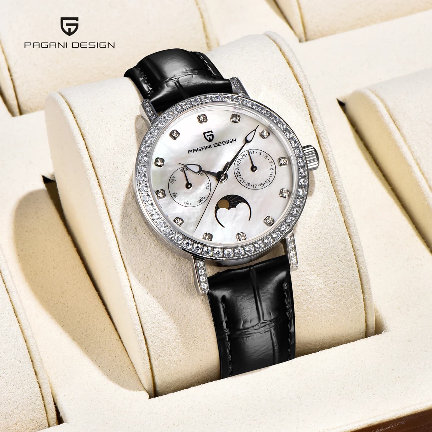 PAGANI DESIGN Orologi da donna Orologio al quarzo di marca di lusso per le donne Moda in pelle impermeabile Orologio con fasi lunari Regalo Reloj Mujer