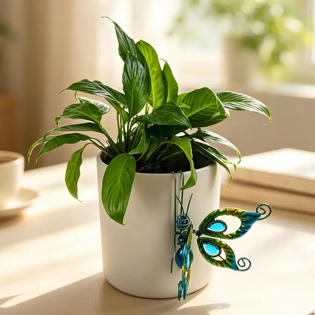 Butterfly Dragonfly Pot Decor, Metal Glass Painted Hanging Ornaments, Potted Plant Figurines for Outdoor Garden Yard