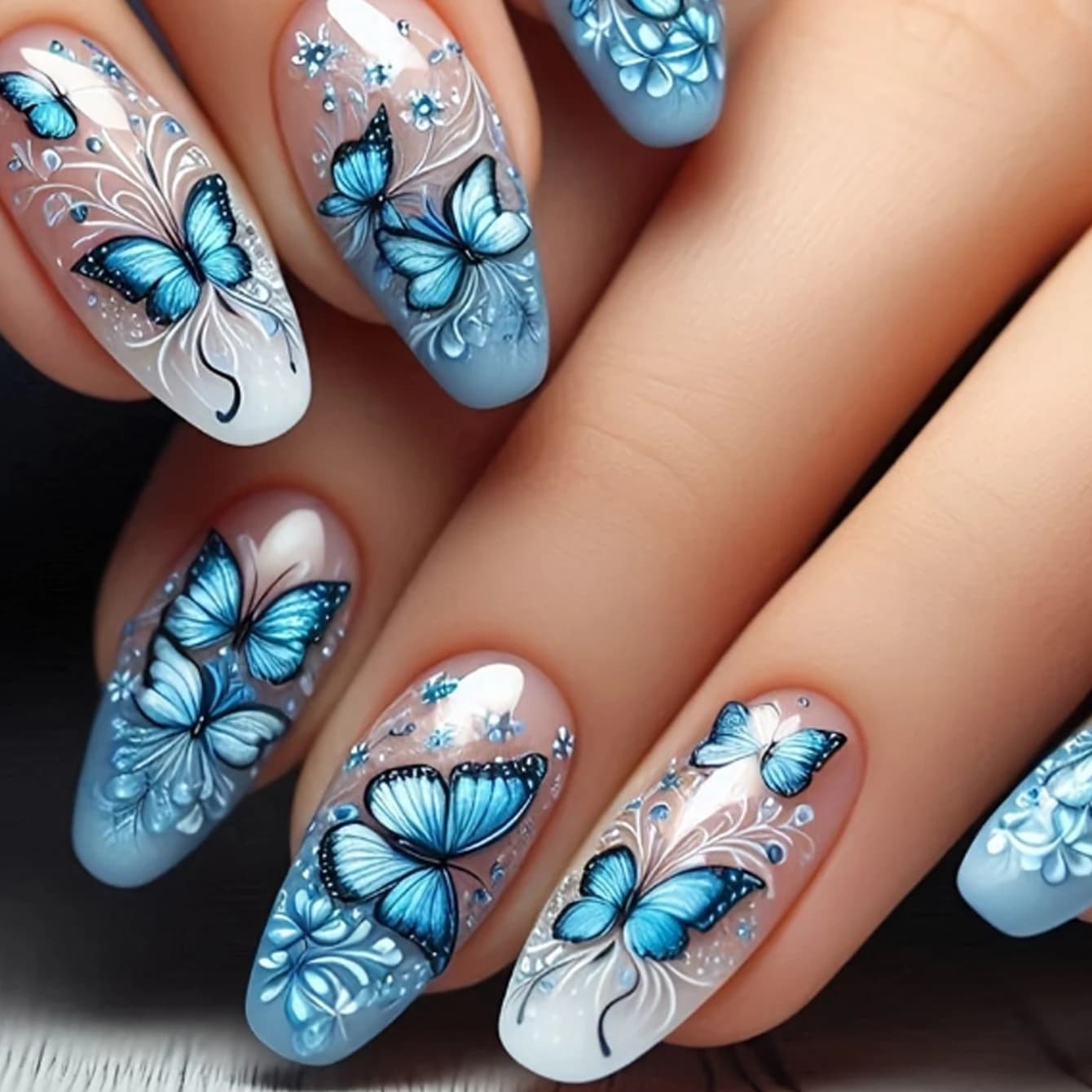 24 fake blue ballet nails, blue butterfly pattern, decoration with blue floral pattern, delicate and elegant, suitable for