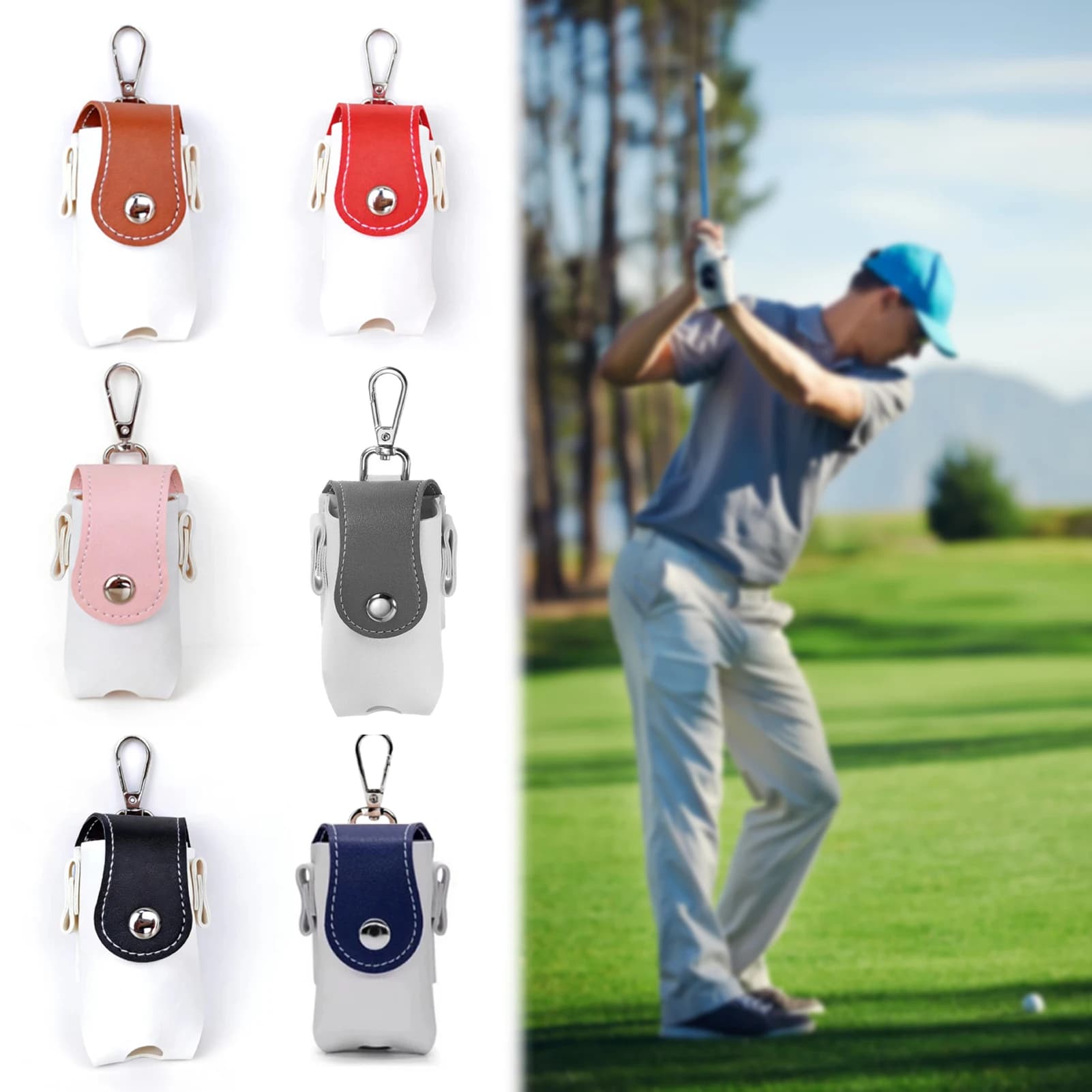 1PCS Golf Ball Waist Bag – Mini PU Leather Golf Ball Holder Pouch with Clip Hook Portable Golf Accessories for Men & Women