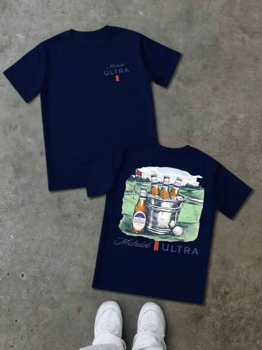 T-shirt con Grafica a Tema Golf Blu Navy, Stampa Fronte-Retro, 100% Cotone, Abbigliamento Casual Estivo