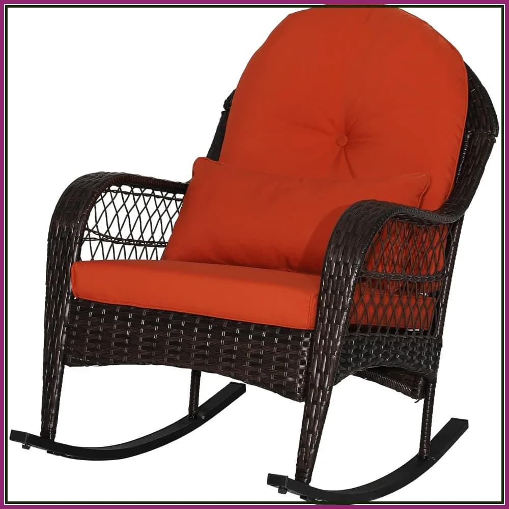 Sedia a dondolo da esterno in vimini con cuscino lombare, cuscini imbottiti, struttura in metallo per patio, balcone, giardino in rosso