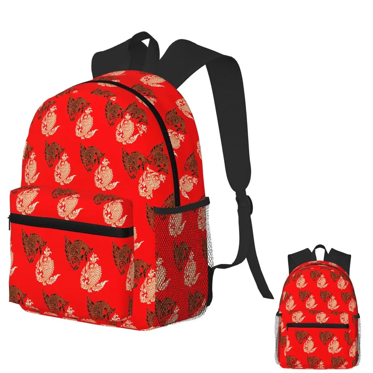 Coppia di pesci con motivo tailandese, modello tailandese, zaino per studenti Pesci, borsa da scuola, escursionismo, viaggio, zainetto, borse a tracolla