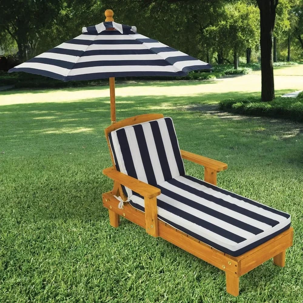 t Chaise longue da esterno in legno, sedia per mobili da giardino con ombrellone e cuscino, per bambini o animali domestici, blu scuro e bianco