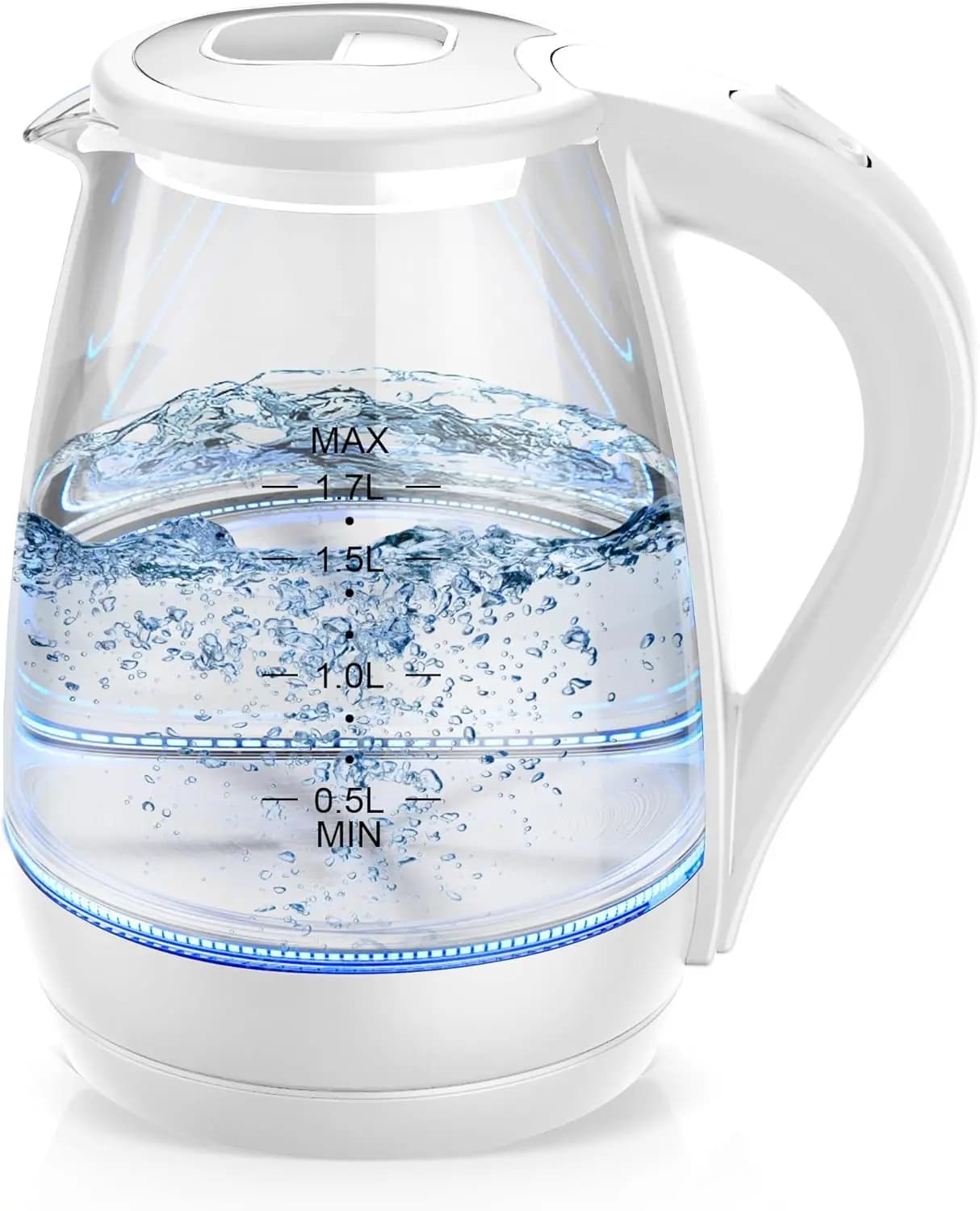 1.7 liters electric kettle, borosilicate glass, automatic shutdown for coffee and tea, white