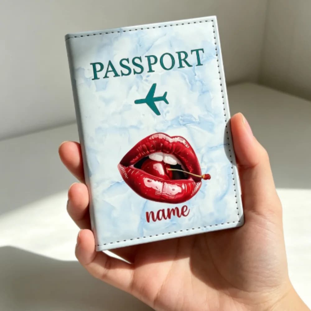 Personalized Custom Red Lips Art Name PU Passport Holder, Personalized English Name Travel Wallet