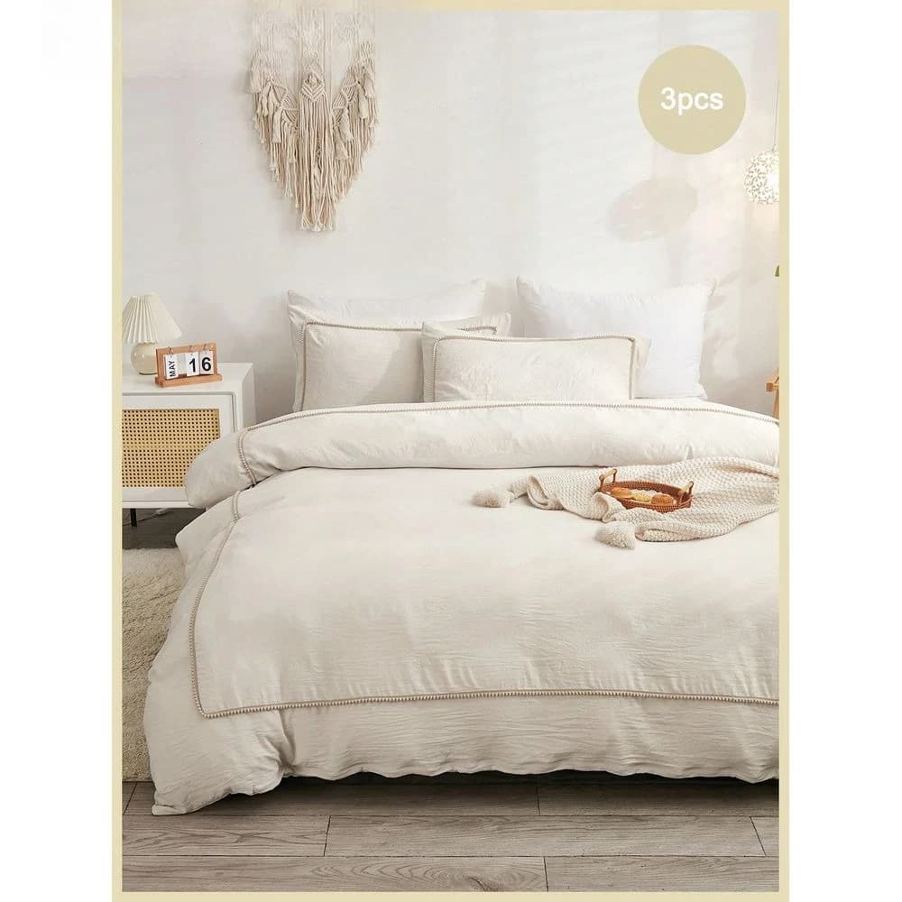 Set Bohemien Style Farm Cover 3 Pieces, Brown-Beige with Pom-Pom Decorations, in Soft Light Polyester
