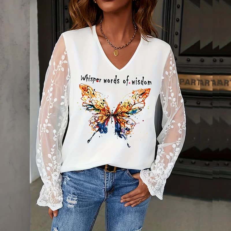 T-shirt elegante da donna estiva casual con scollo a V stampato patchwork in pizzo a maniche lunghe