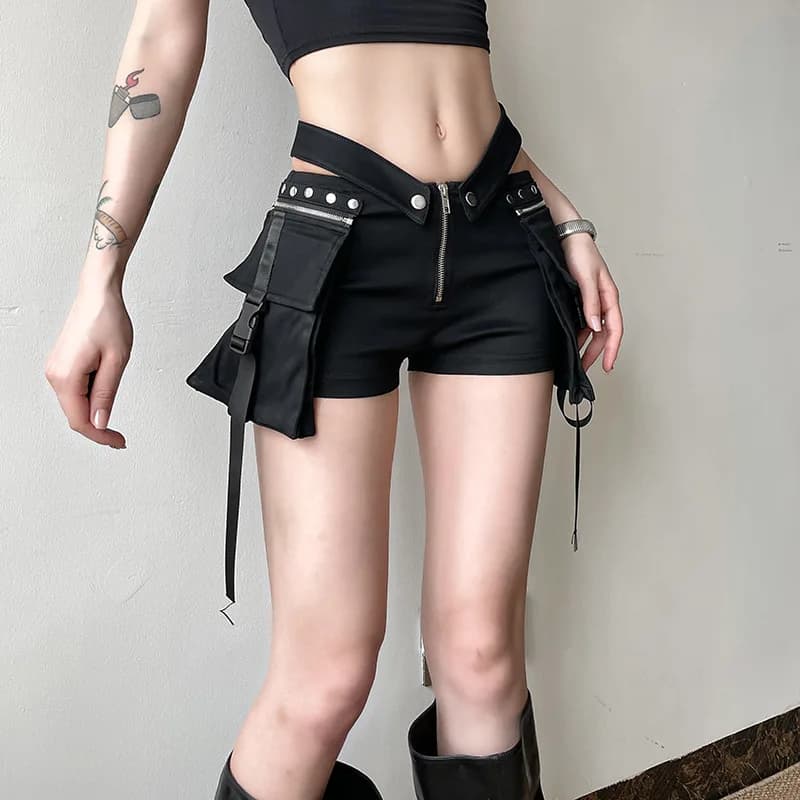 Pantaloncini con tasche grandi stile Safari Pantaloncini a vita bassa solidi slim casual scuri Donna 2025 Moda estiva Streetwear da donna