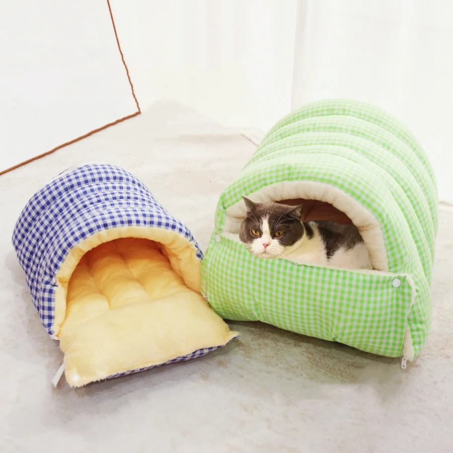 Letto per gatti e cani di piccola taglia per 4 stagioni - Grotta per animali chiusa lavabile staccabile con fodera in pile di peluche (design invernale ultra caldo +