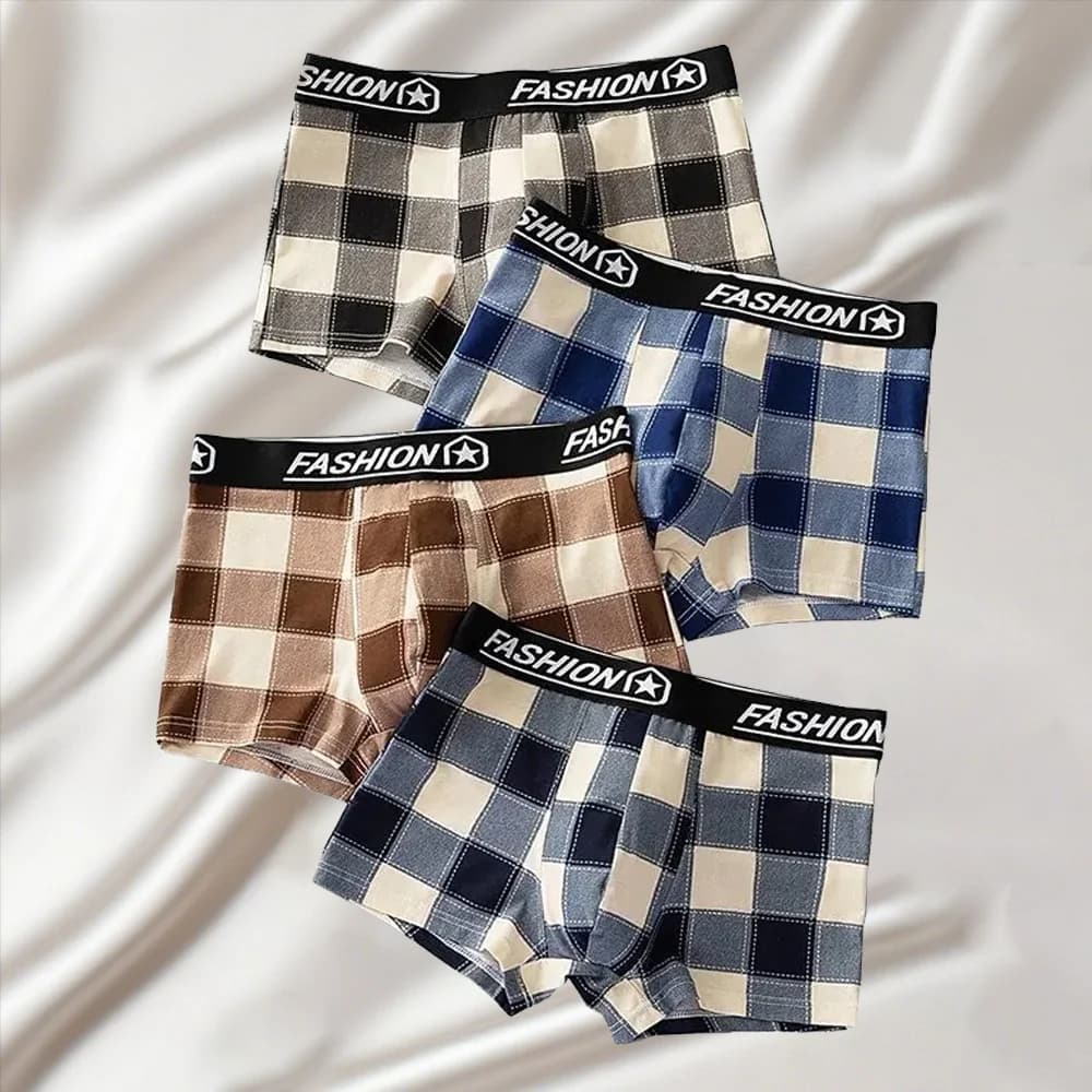 4 pezzi di boxer da uomo alla moda a quadri, a vita media, traspiranti, morbidi e confortevoli